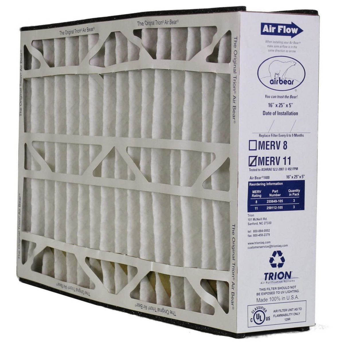 Trion 259112-105 Air Bear 16 x 25 x 5 Inch MERV 11 Air Purifier Filter (3 Pack)