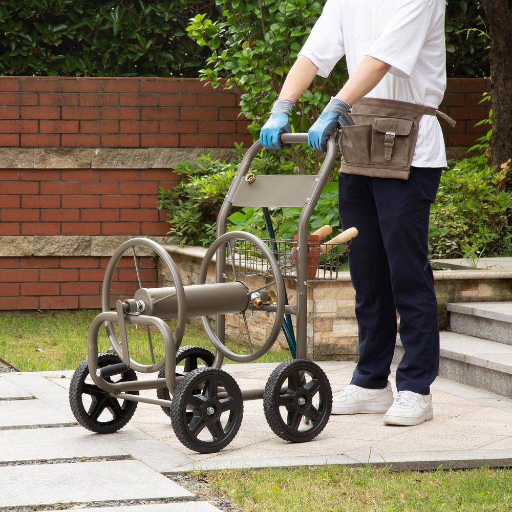 Glitzhome 2003400001 250 ft. Steel Gray 4-Wheel Garden Hose Reel Cart