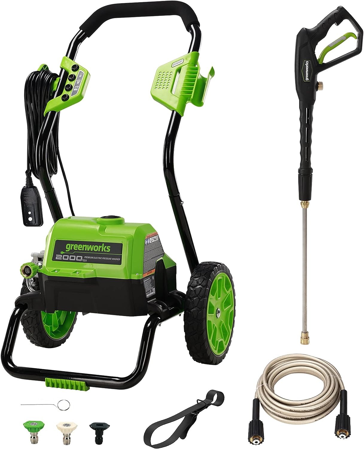 Greenworks 2000 Max PSI @ 1.1 GPM (13 Amp) Electric Pressure Washer (Black Frame) PWMA Certified. Green