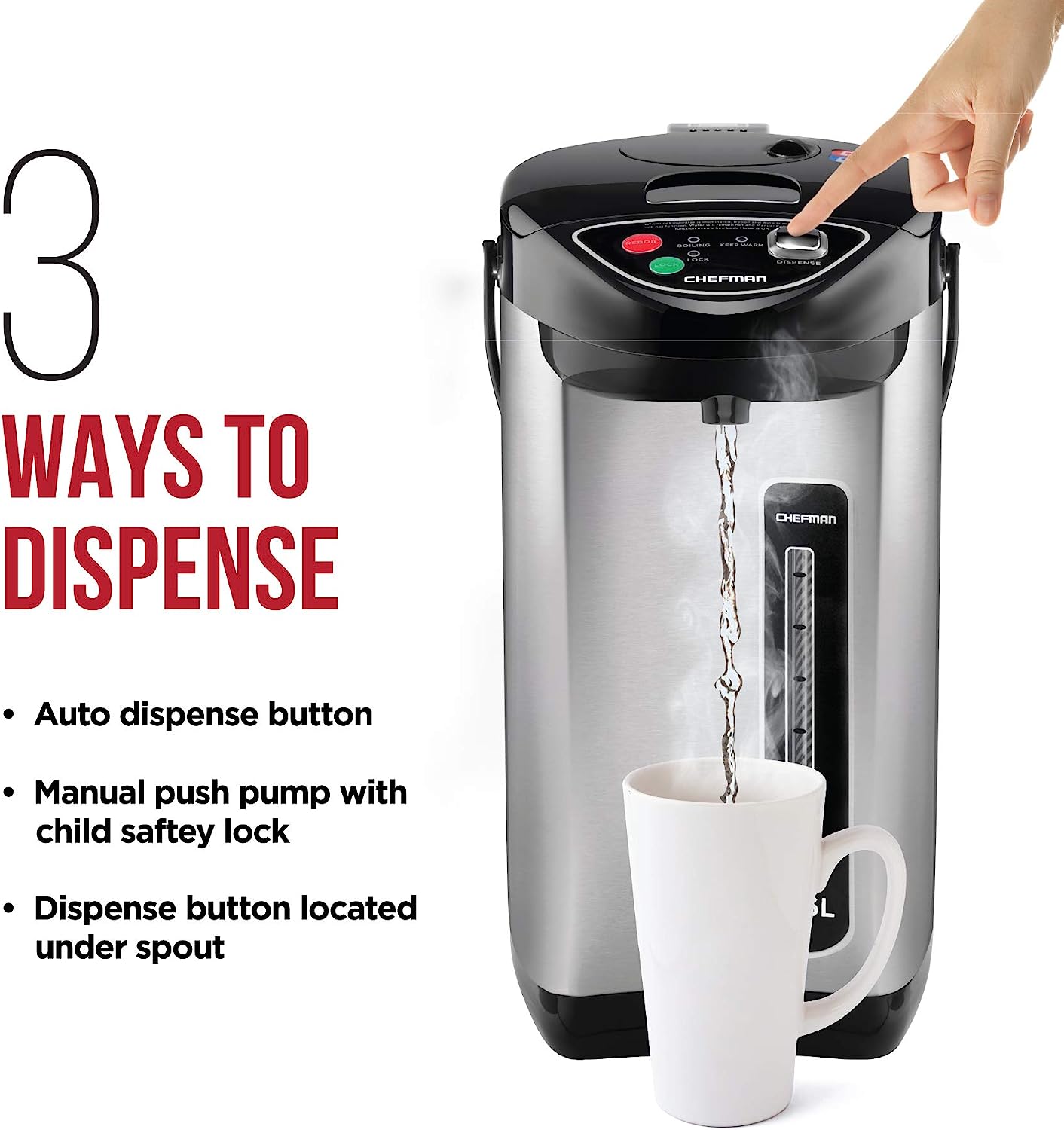 Chefman Electric Hot Water Pot Urn w/ Auto & Manual Dispense Buttons. Safety Lock. Instant Heating for Coffee & Tea. Auto-Shutoff/Boil Dry Protection. Insulated Stainless Steel. 5.3L/5.6 Qt/30+ Cups