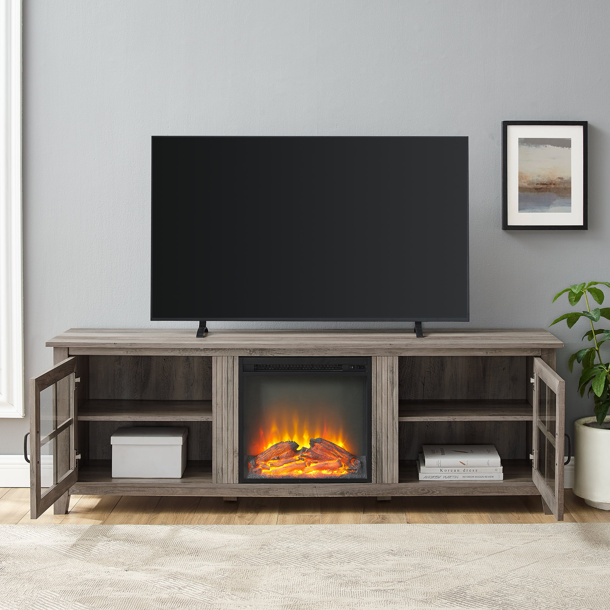 Manor Park Farmhouse Fireplace TV Stand for TVs up to 80″. Grey Wash