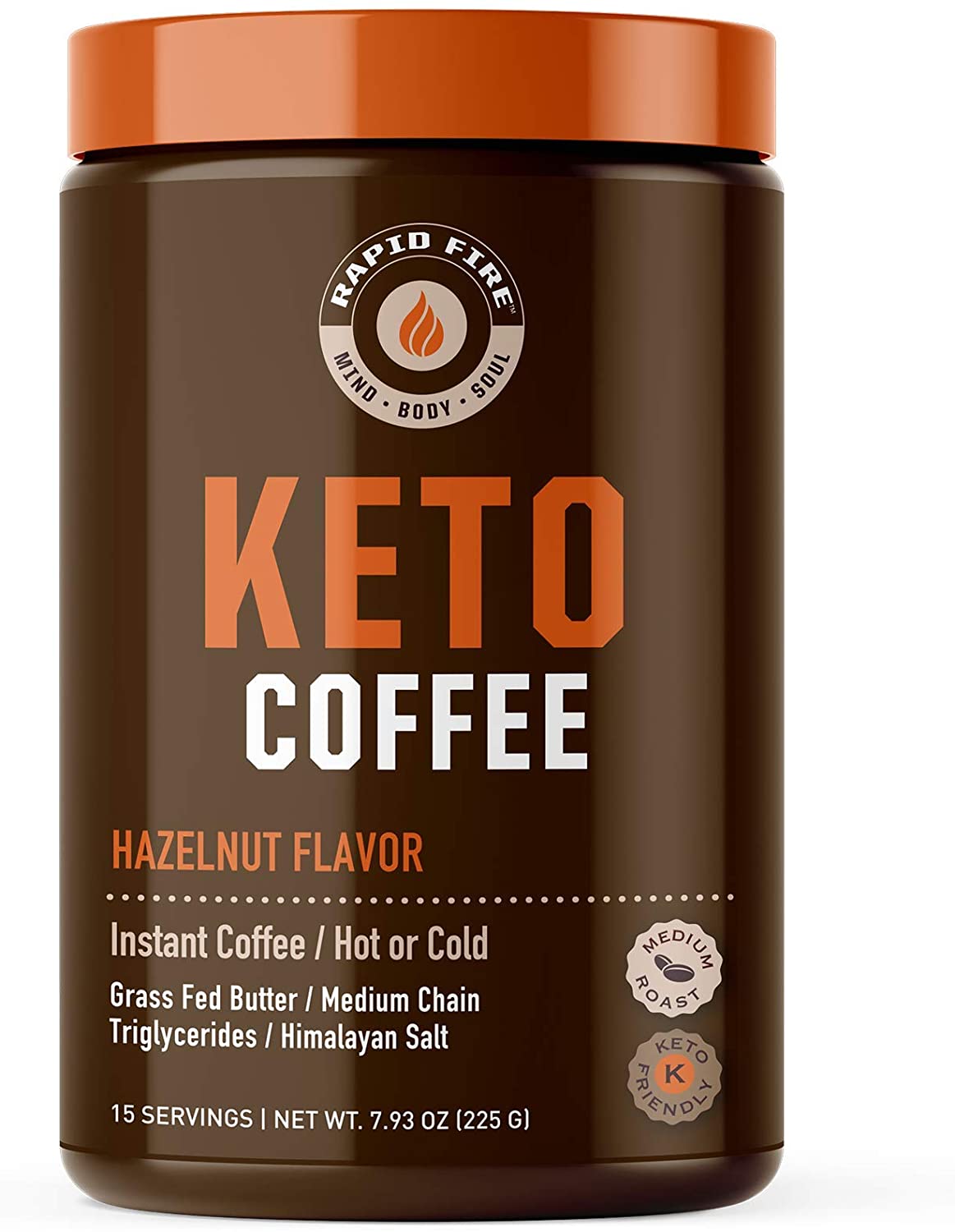 Rapid fire Ketogenic Fair Trade Instant Keto Coffee Mix. Supports Energy. Metabolism. and Weight Loss. Grass Fed Butter. MCTs & Himalayan Salt. 15 servings. Hazelnut Flavor. 7.93 Ounce