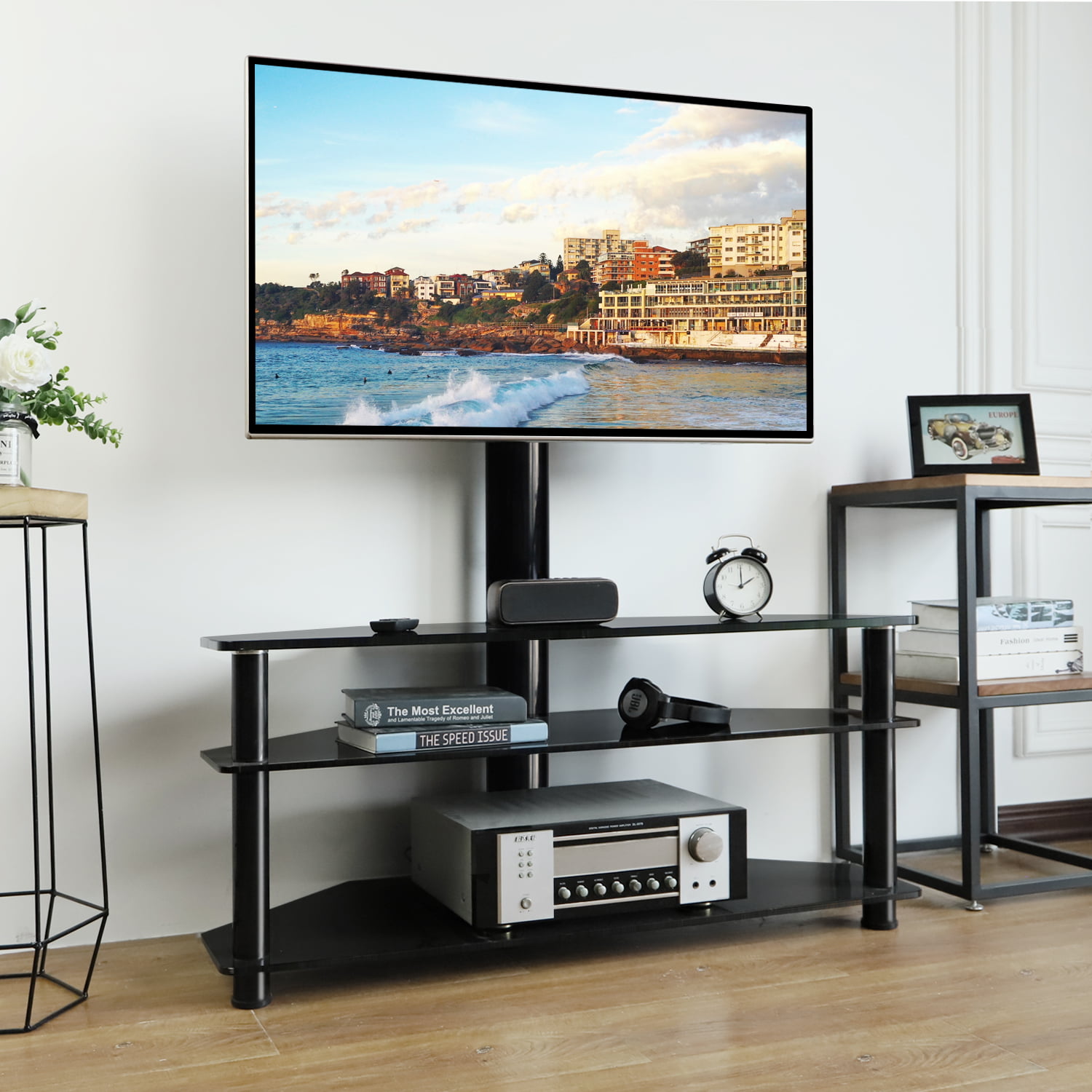 Flat TV Stand for TVs up to 75 inch. Black Glass TV Stand Shelves with Swivel Mount