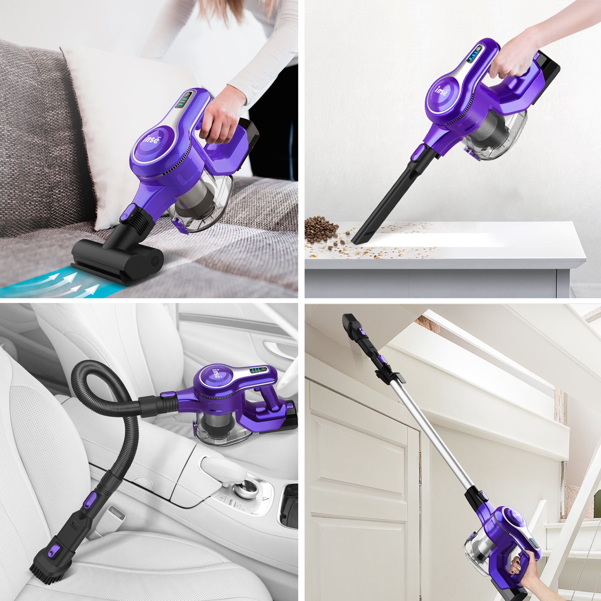 INSE Cordless Vacuum Cleaner. 23Kpa 250W Brushless Motor Stick Vacuum. 10-in-1 Lightweight Handheld for Cleaning - Purple