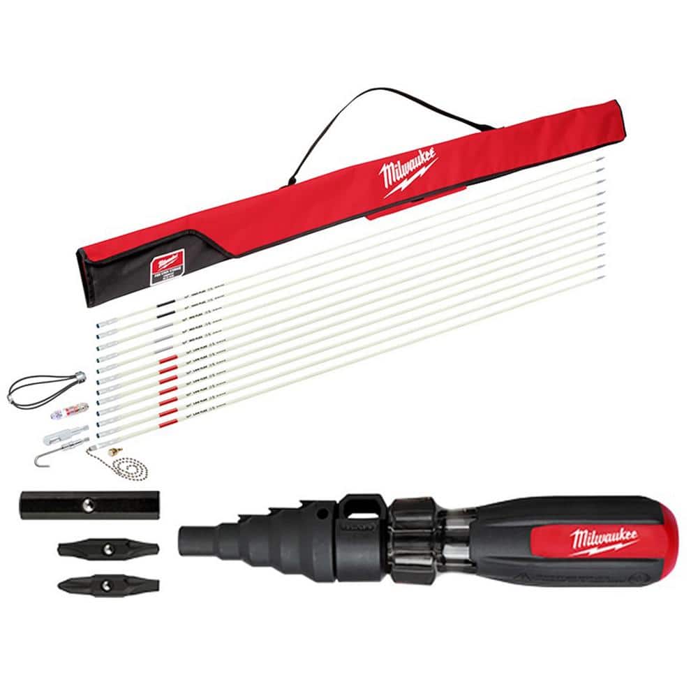 Milwaukee 48-22-4156-48-22-2870 60 ft. Fiberglass Fish Stick Low/Mid/High Flex Combo Kit with 7-in-1 Conduit Reaming Multi-Bit Screwdriver