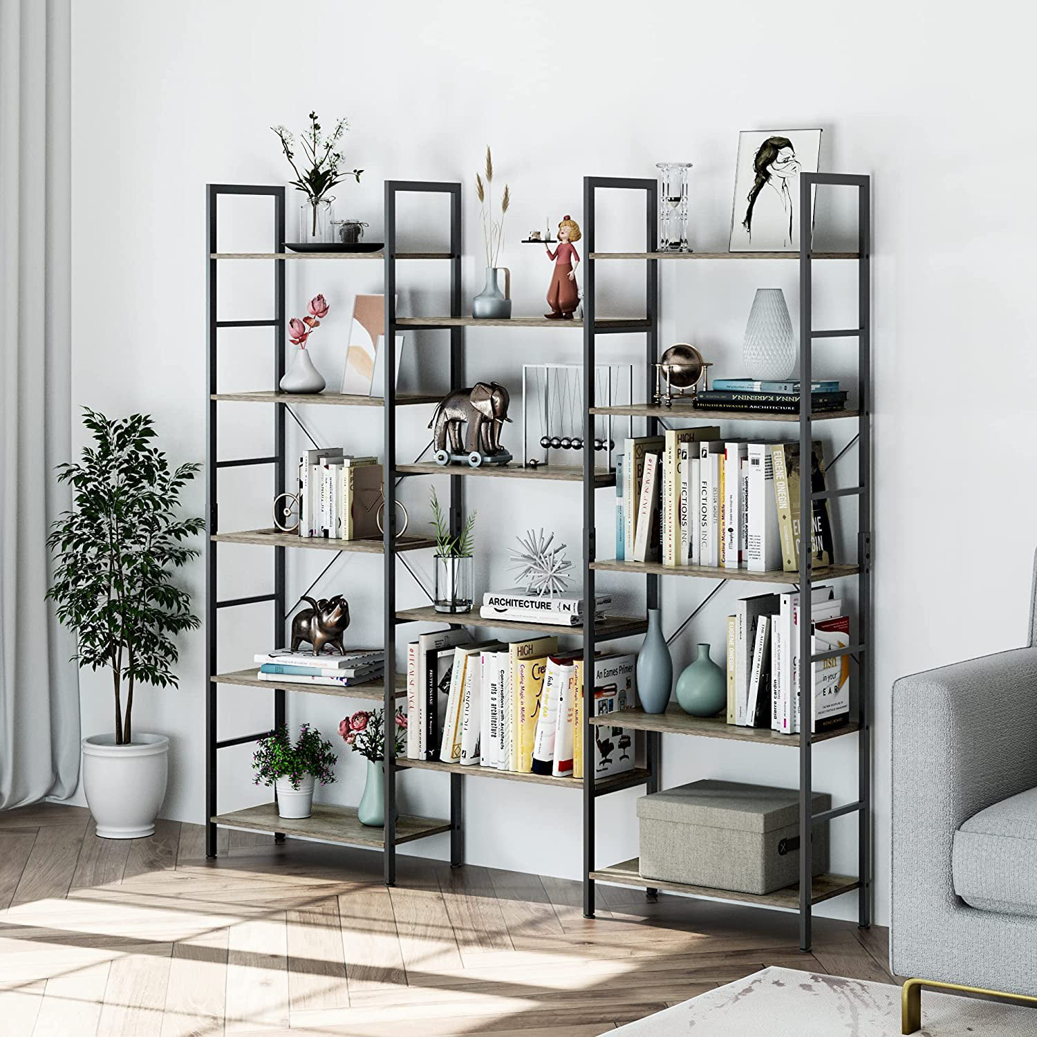 Homfa 5-Tier Large Bookshelf. Triple Wide Storage Shelf Home Furniture. Industrial Open Display Organizer Unit. Gray Finish