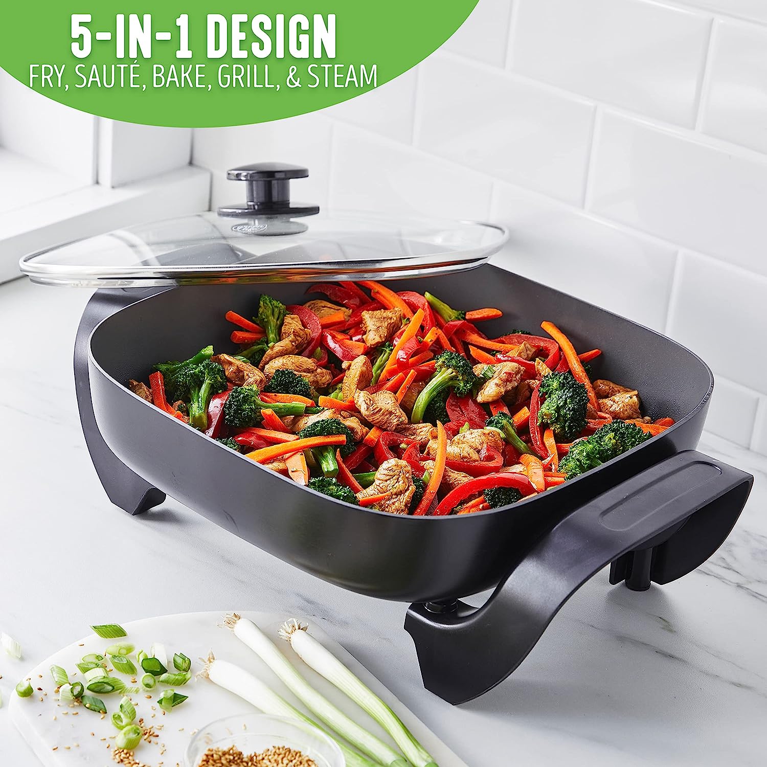 GreenLife Healthy Ceramic Nonstick. 12″ 5QT Square Electric Skillet with Glass Lid. Dishwasher Safe. Adjustable Temperature Control. PFAS-Free. Black
