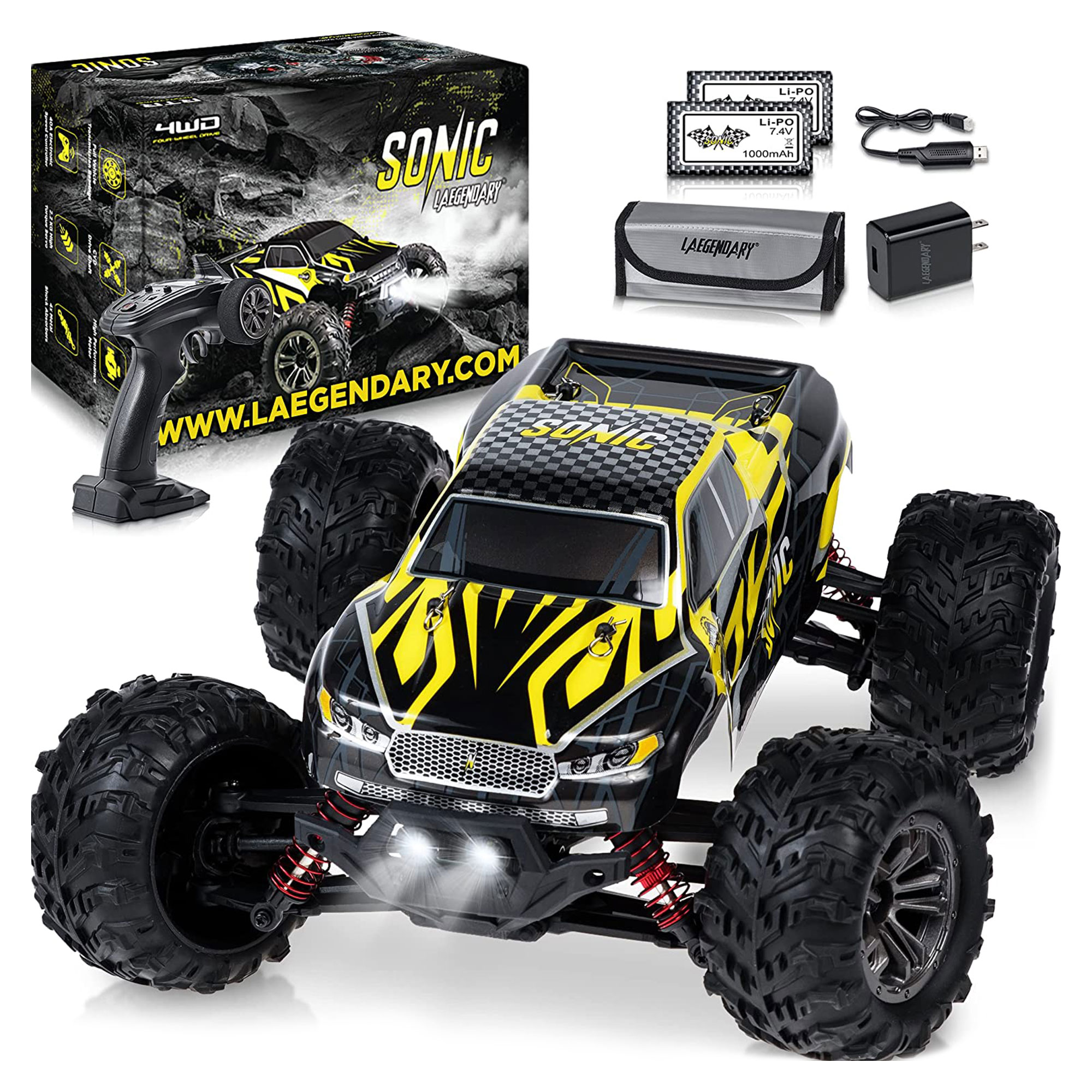 LAEGENDARY Sonic 1:16 Scale RC Off-Road Car. Up to 25 MPH. Black/Yellow