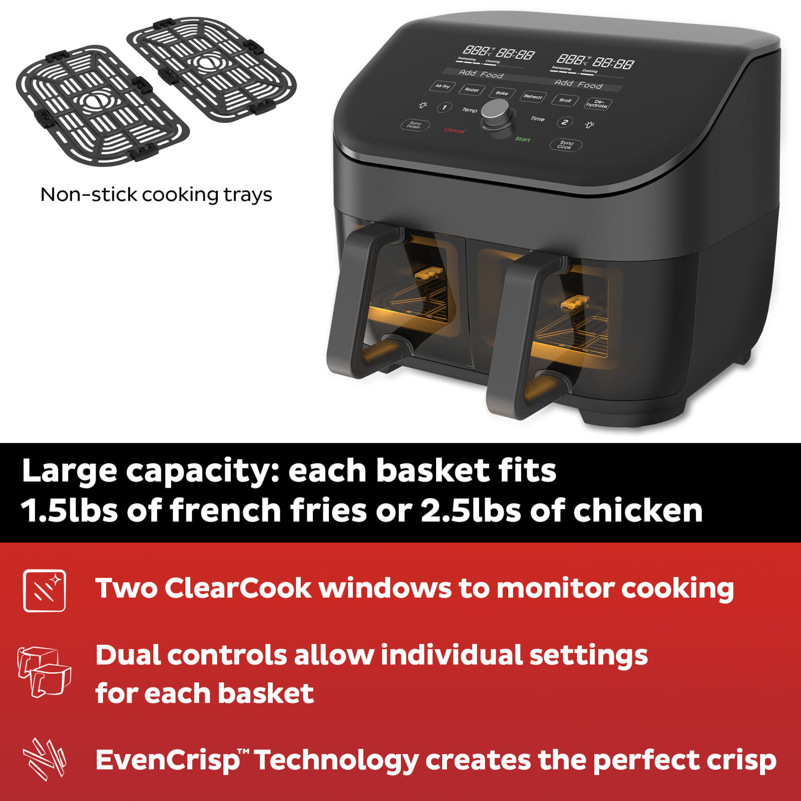 Instant Pot 8 Quart Vortex Plus 2-Basket Air Fryer Oven. Black - ClearCook Windows. Digital Touchscreen