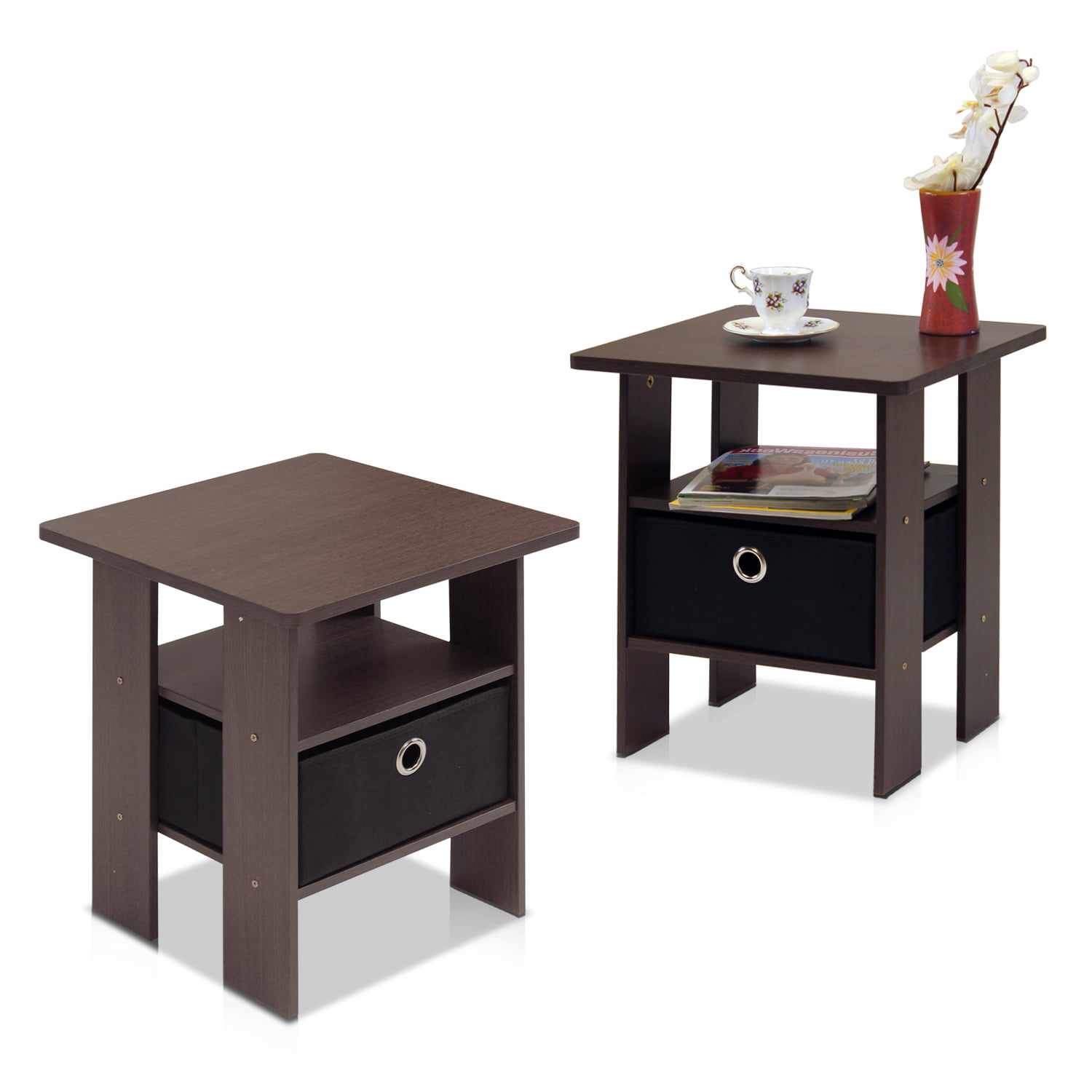Furinno Andrey End Table Nightstand with Bin Drawer. Set of 2. Dark Brown