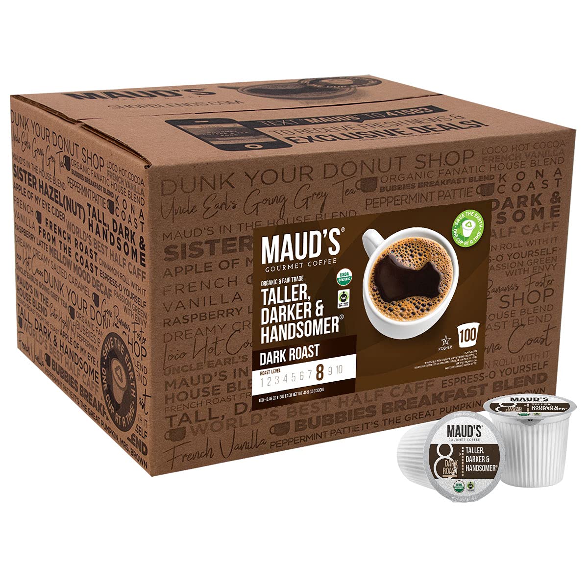 Maud-s Organic Dark Roast Coffee (Taller Darker & Handsomer). 100ct. Solar Energy Produced Recyclable Single Serve Dark Roast Coffee Pods – 100% Arabica Coffee California Roasted. KCup Compatible