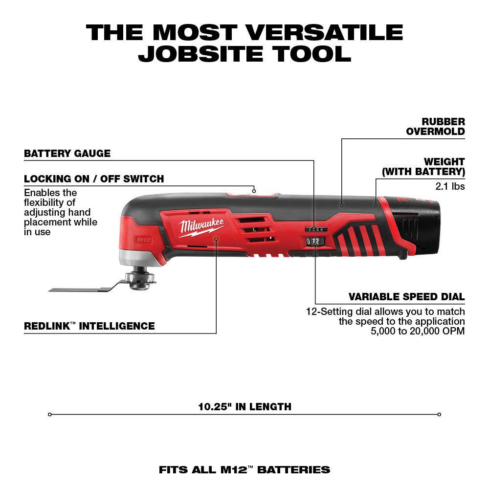 Milwaukee 2426-20-2441-20-48-11-2460 M12 12V Lithium-Ion Cordless Oscillating Multi-Tool with M12 10 oz. Caulk and Adhesive Gun and 6.0Ah XC Battery Pack