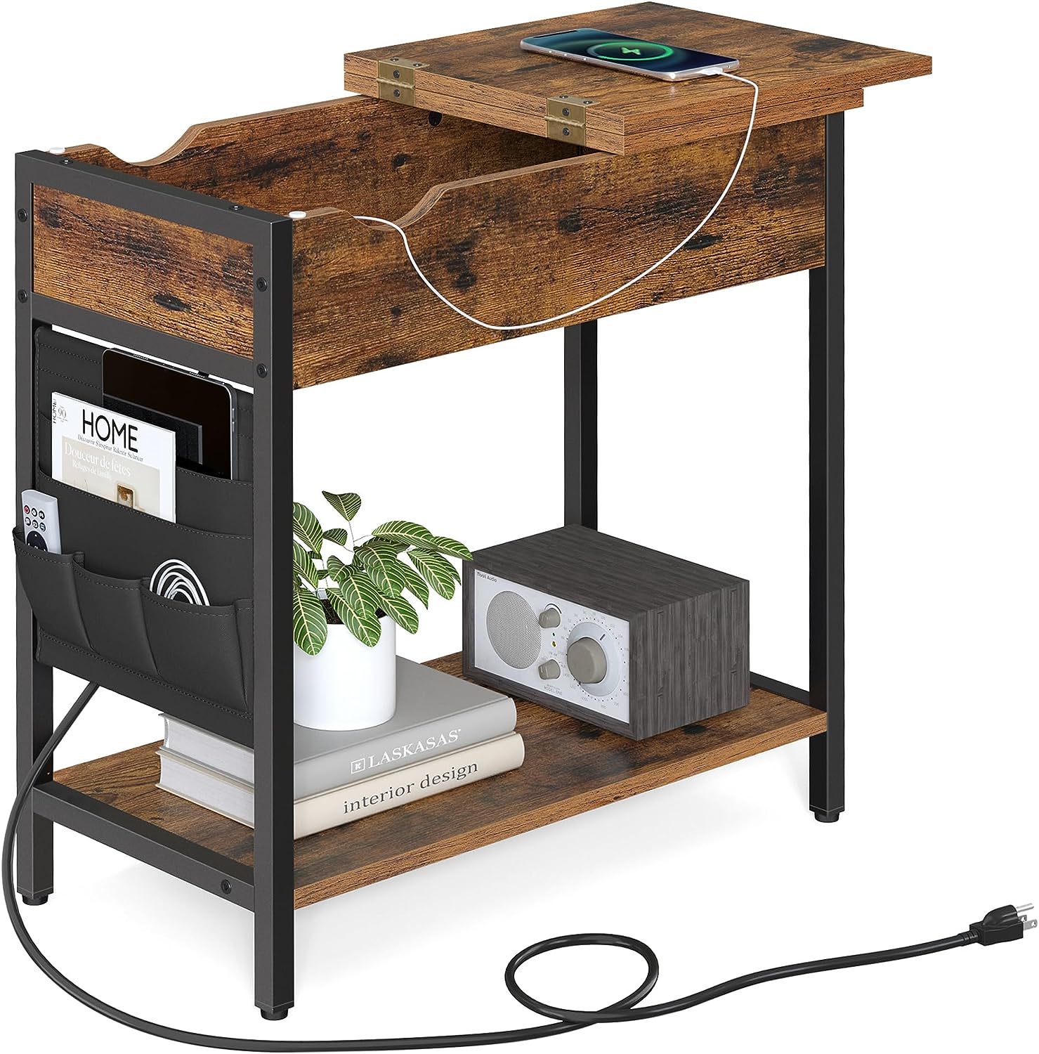VASAGLE Side Table with Storage. End Table with USB Ports and Outlets. Nightstand with Charging Station. Fabric Bags. Rustic Brown and Black ULET310B01V1