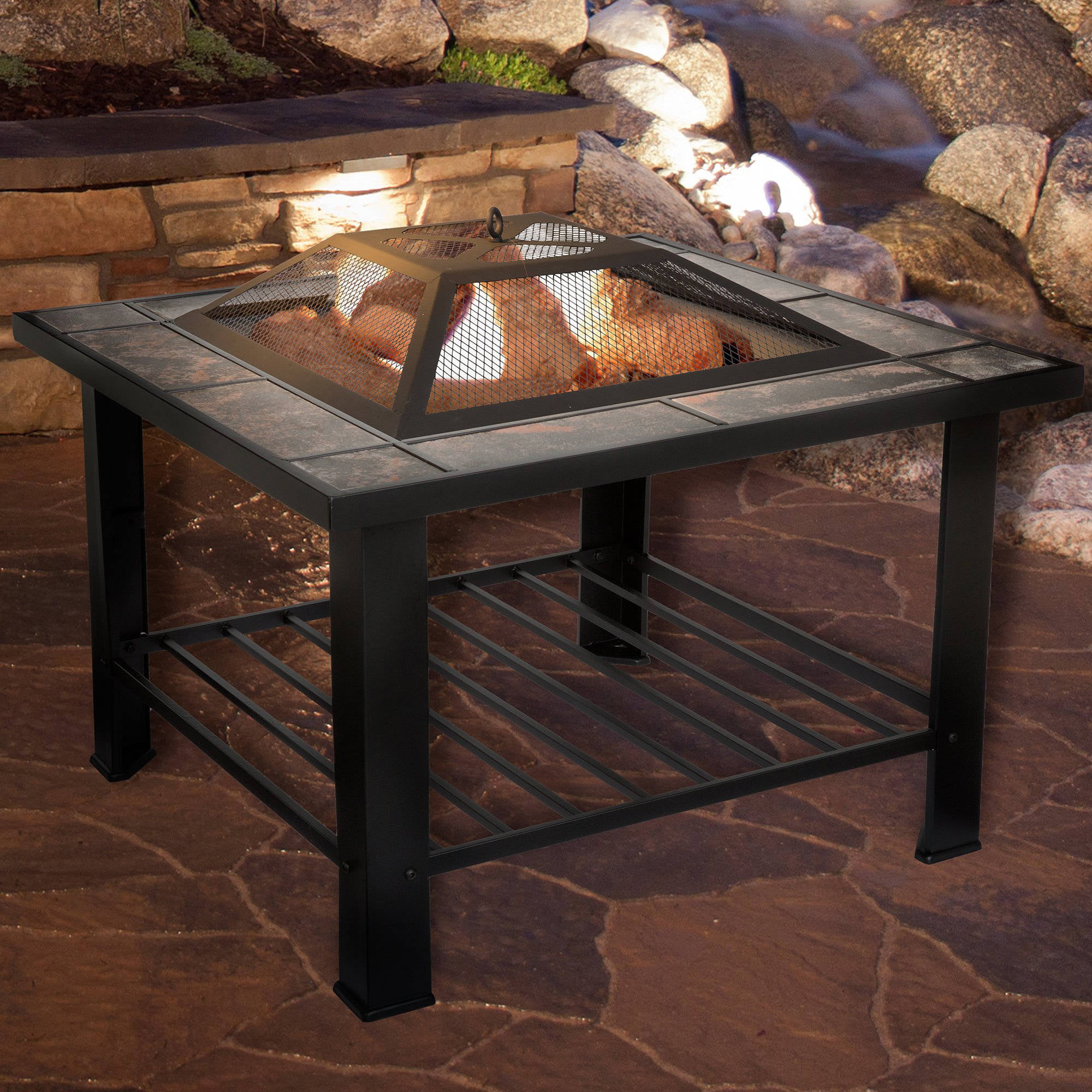 Fire Pit Table – 30-Inch Square Wood Burning Bonfire Pit with Marble Tile Edge. Spark Screen. Tile Fire Bowl Cover. Log Poker by Pure Garden (Black)