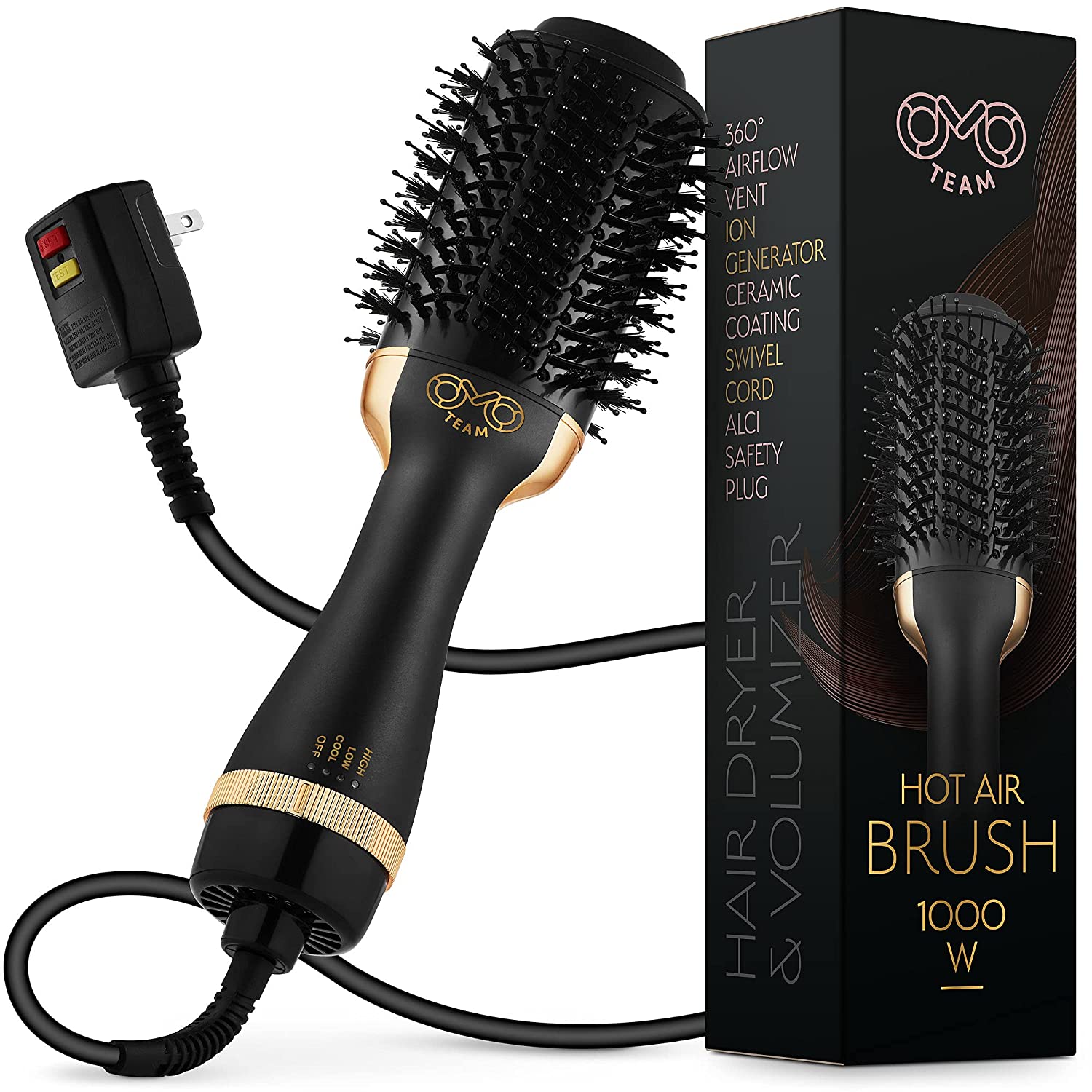 OMO TEAM Professional Blowout Hair Dryer Brush. Black Gold Dryer and Volumizer. Hot Air Brush for Women. 75MM Oval Shape