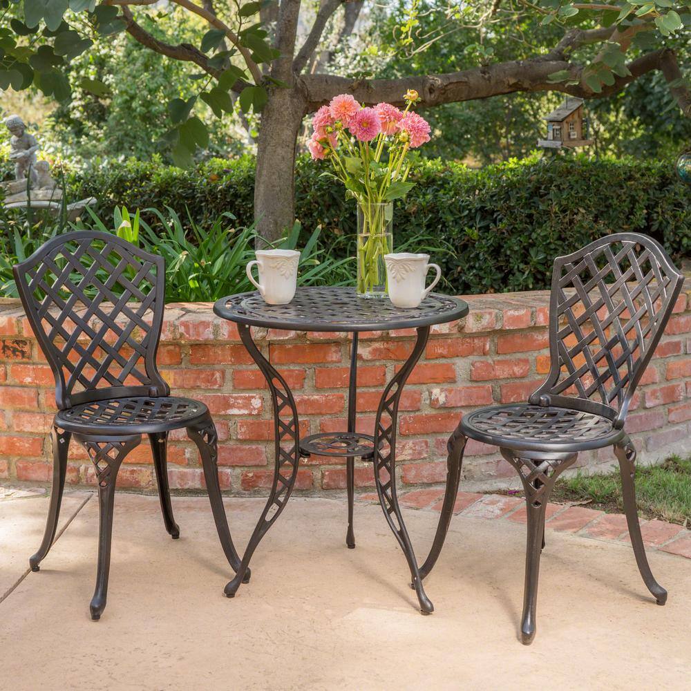 Noble House  La Sola Black With Bronze 3-Piece Metal Round Outdoor Bistro Set