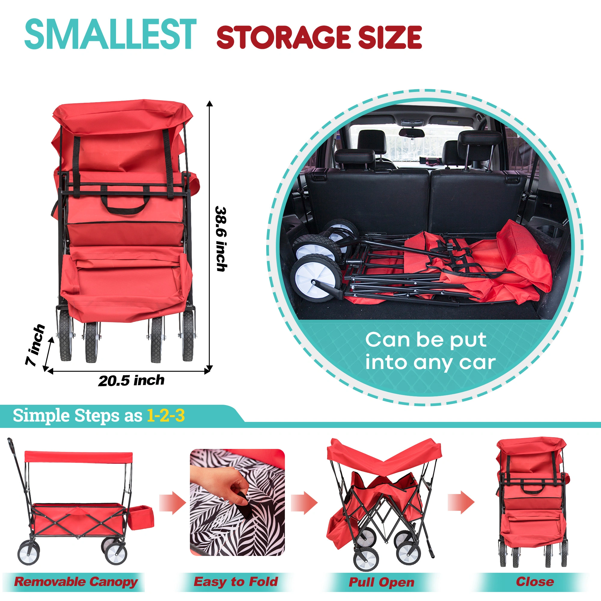 Collapsible Wagon Folding Cart with Canopy Beach Garden Outdoor Sport Utility Cart Wheels Adjustable Handle Rear Storage. Red. 49.2 x 20.5 x 45.27 inches