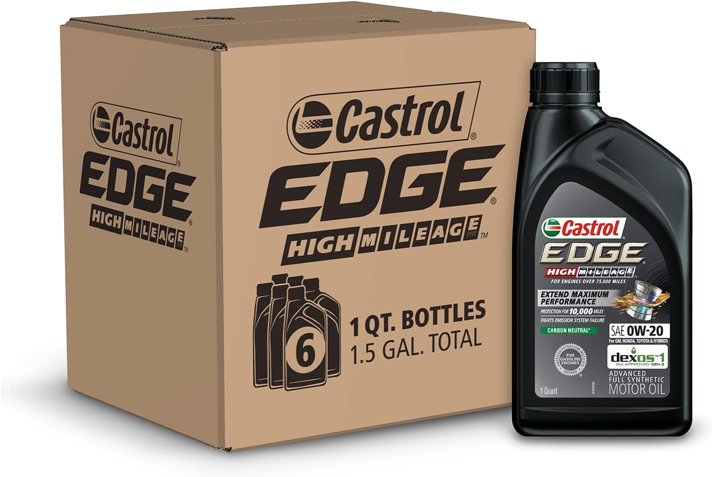 Castrol EDGE High Mileage 0W-20 Advanced Full Synthetic Motor Oil. 1 Quart. Pack of 6