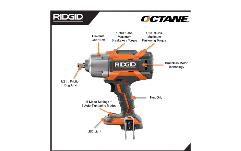 RIDGID R86211B 18V OCTANE Brushless Cordless 1/2 in. High Torque 6-Mode Impact Wrench (Tool-Only) with Belt Clip