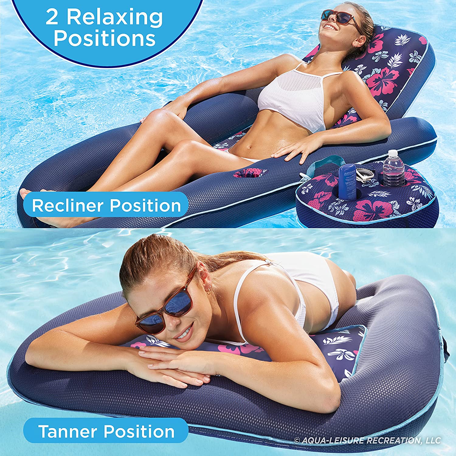 Aqua Campania Ultimate 2-in-1 Pool Float Lounge – Extra Large – Inflatable Pool Floats for Adults with Adjustable Backrest & Cupholder Caddy – Navy Hibiscus