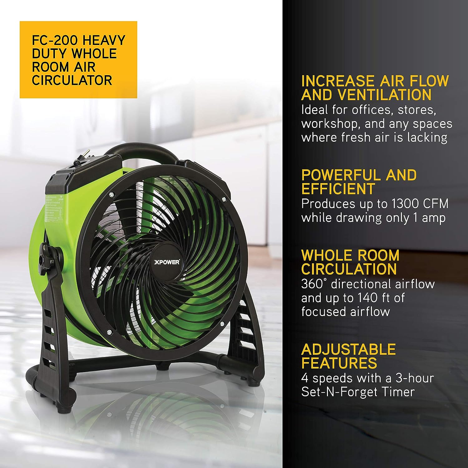 XPOWER FC-200 Heavy Duty Industrial High Velocity Whole Room Air Mover Air Circulator Utility Floor Fan. 4 Speeds. Timer. 13 inch. 1300 CFM