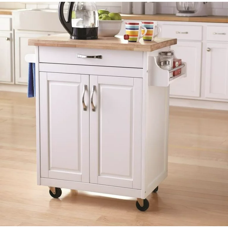 Mainstays Kitchen Island Cart with Drawer and Storage Shelves. White