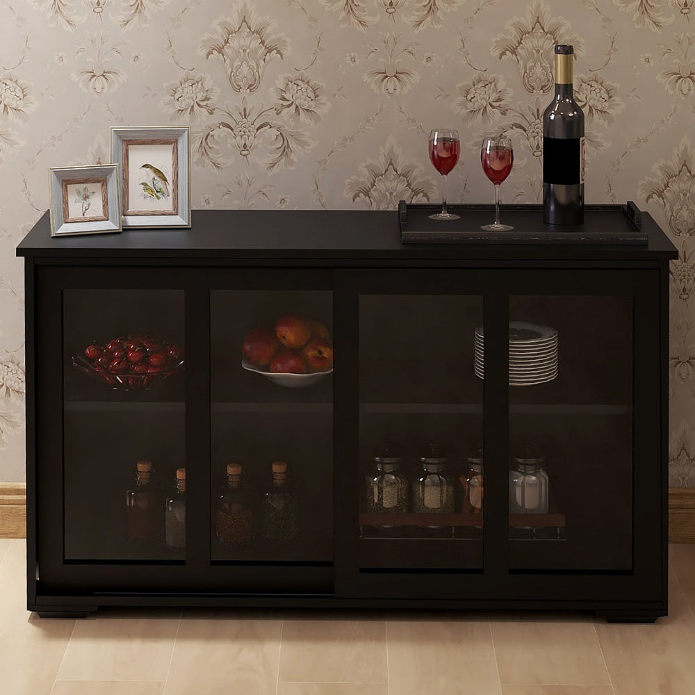 Visentor 42 Inch Kitchen Storage Cupboard. Dining Room Storage Cabinet with Glass Door. Sideboard Buffet Table. Black