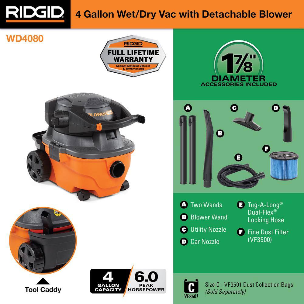 RIDGID WD4080 4 Gallon 6.0 Peak HP Wet/Dry Shop Vacuum with Detachable Blower. Fine Dust Filter. Locking Hose and Accessories
