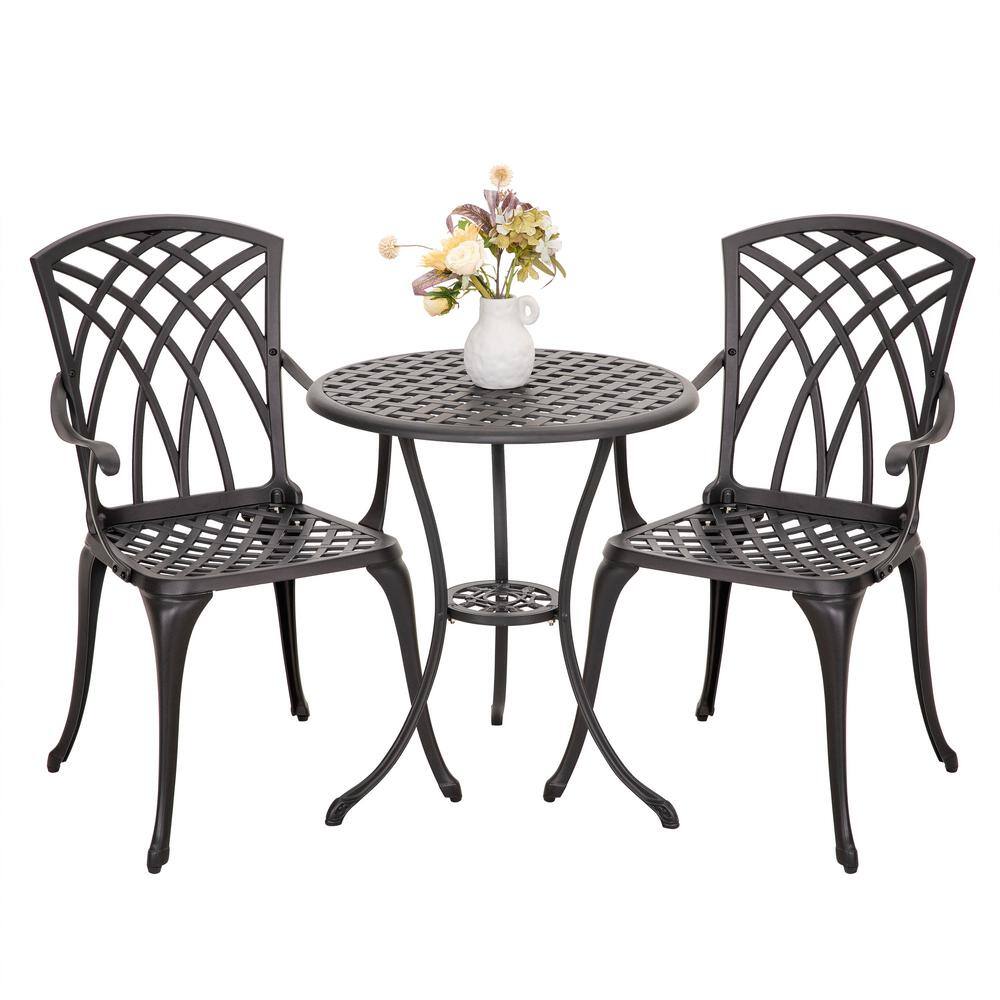 Nuu Garden  3-Piece Cast Aluminum Outdoor Bistro Set Patio Furniture Table Set in Black