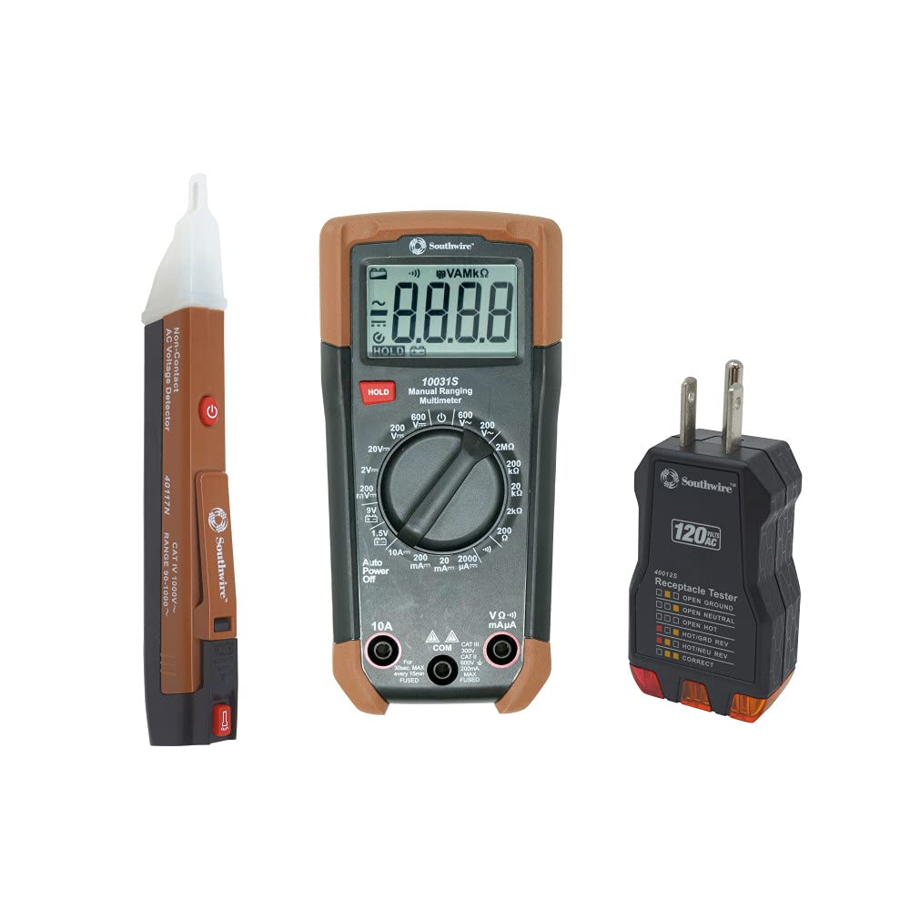 Southwire 10037K Electrical Test Kit with Full-Function Multimeter. Non-Contact Voltage Detector and Outlet Tester. Includes Test Leads and Batteries