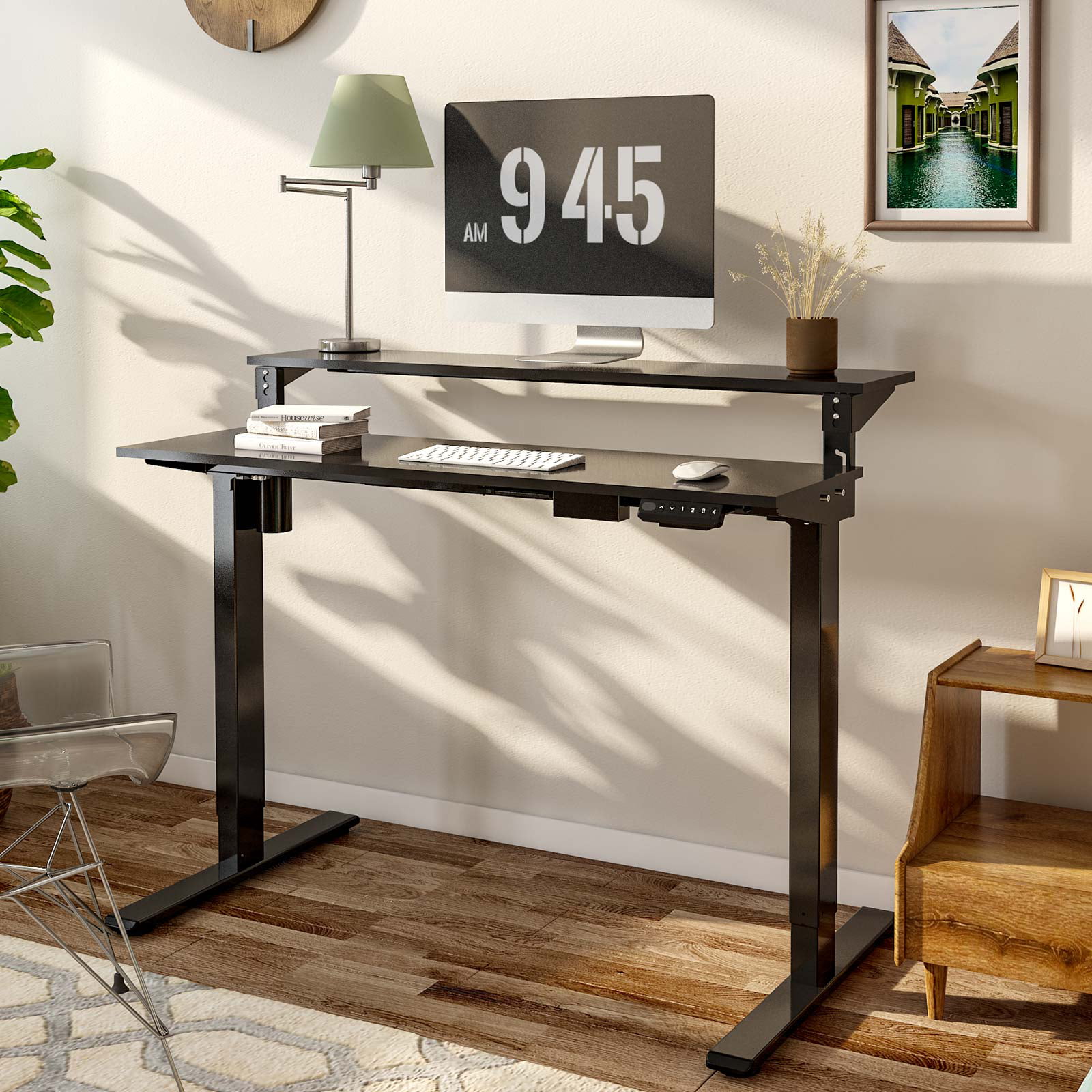 FlexiSpot 48″x24″ 2-Tier Home Office Height Adjustable Standing Desk Black Adjustable Shelf Computer Desk