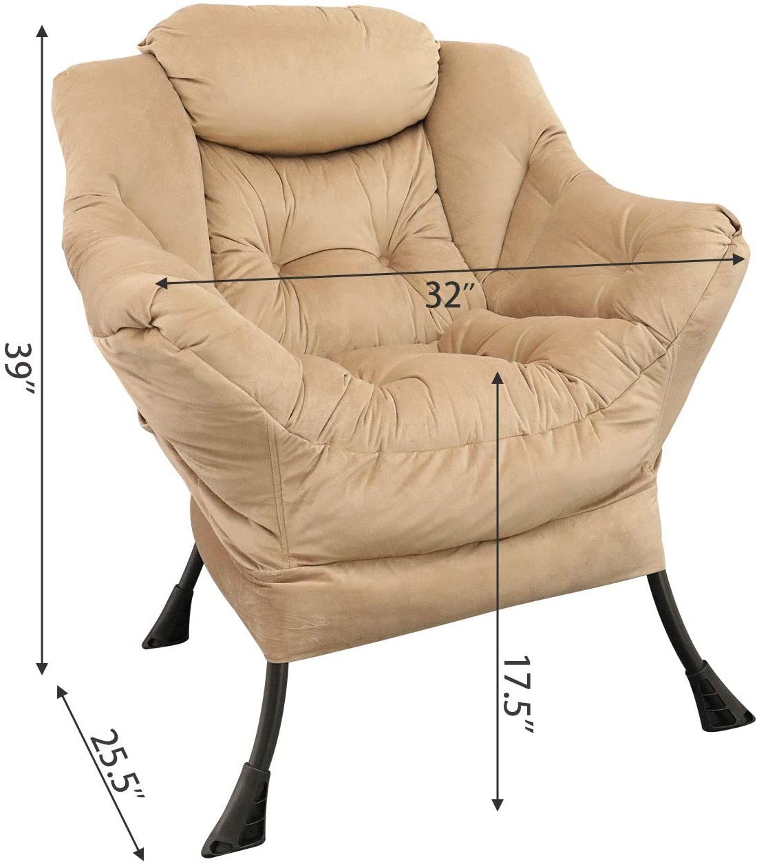GOLDSUN Velvet Fabric Accent Chair Lazy Reclining Armchair with Removable Metal Legs and a Side Pocket. Comfy Upholstered Single Leisure Sofa Chair for Living Room. Bedroom. Office (Beige)