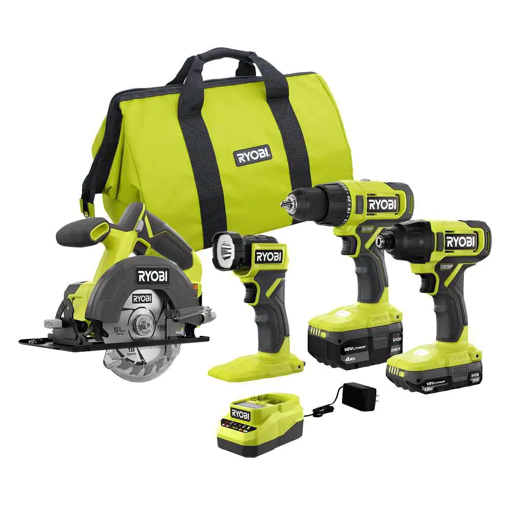 RYOBI PCL1400K2 ONE+ 18V Cordless 4-Tool Combo Kit with 1.5 Ah Battery. 4.0 Ah Battery. and Charger