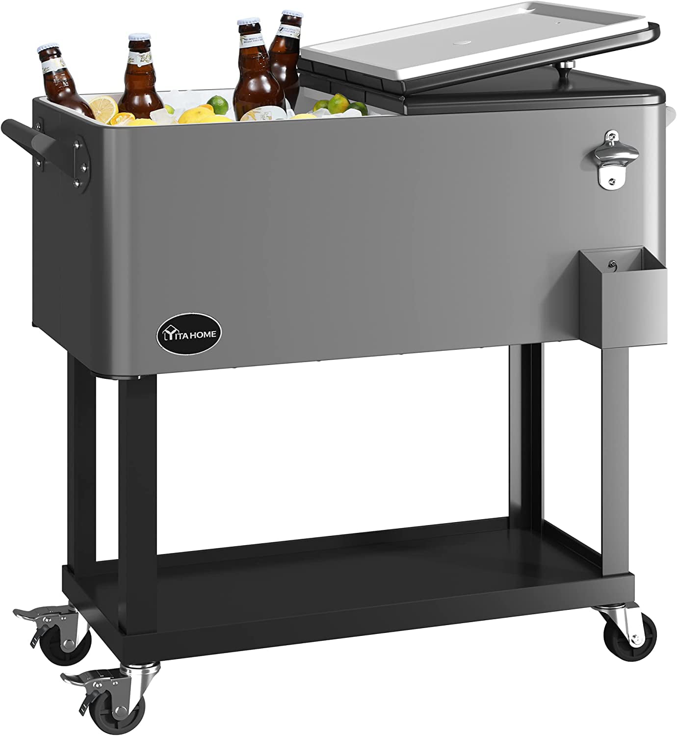 YITAHOME 80 Quart Rolling Cooler Cart with Bottle Opener Drainage. Portable Patio Cooler Rolling on Wheels. Outdoor Rolling Beverage Cart Drink Cooler for Patio Pool Deck Party BBQ Cookouts. Silver