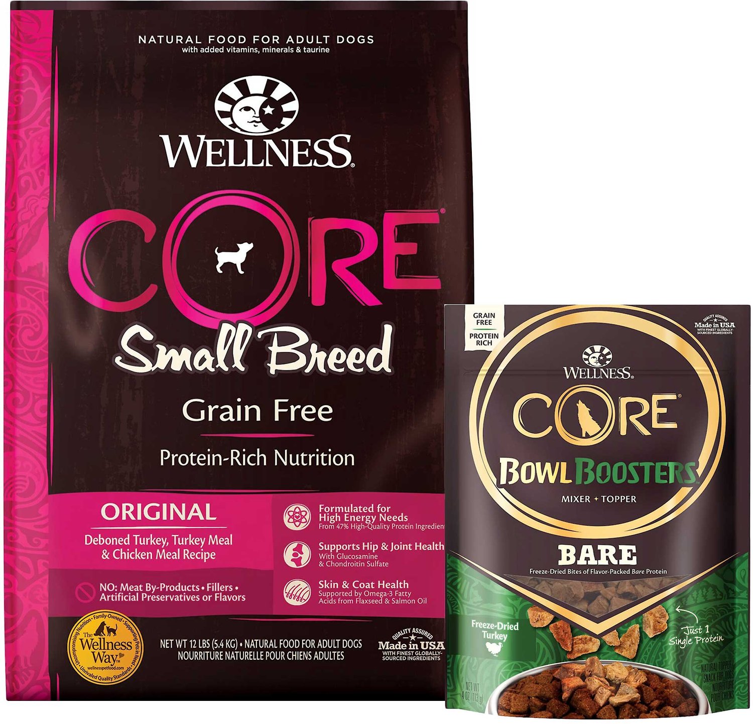 Wellness CORE Grain-Free Small Breed Turkey & Chicken Recipe Dry Dog Food. 12-lb bag + Wellness CORE Bowl Boosters Bare Turkey Freeze-Dried Dog Food Mixer or Topper. 4-oz bag