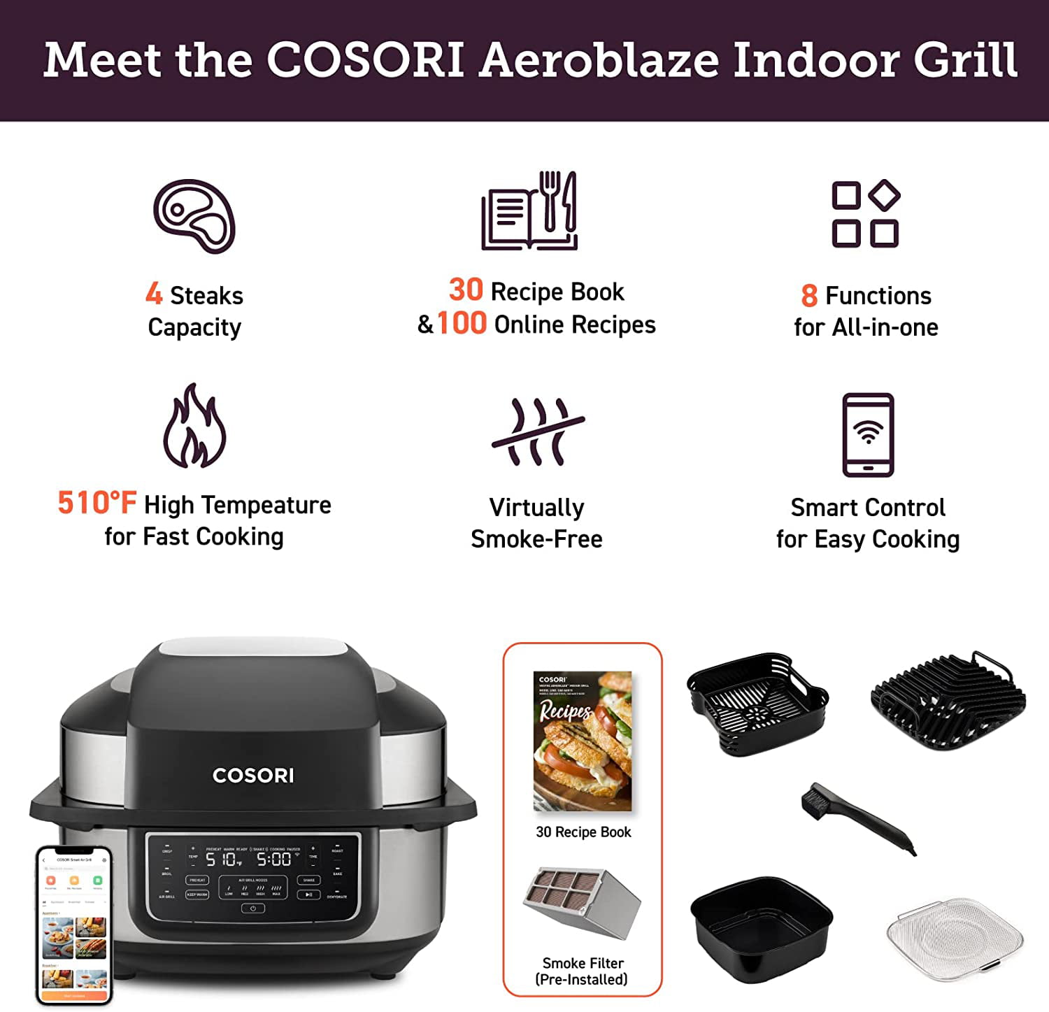 COSORI Indoor Grill. Smart XL Air Fryer Combo Aeroblaze. 8-in-1. 6QT. Voice Control. Black