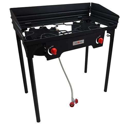 Gas One Two Burner Propane Camp Stove. Two 75.000BTU Cast Iron Burners with Windscreen Outdoor High Pressure Propane Double Burner