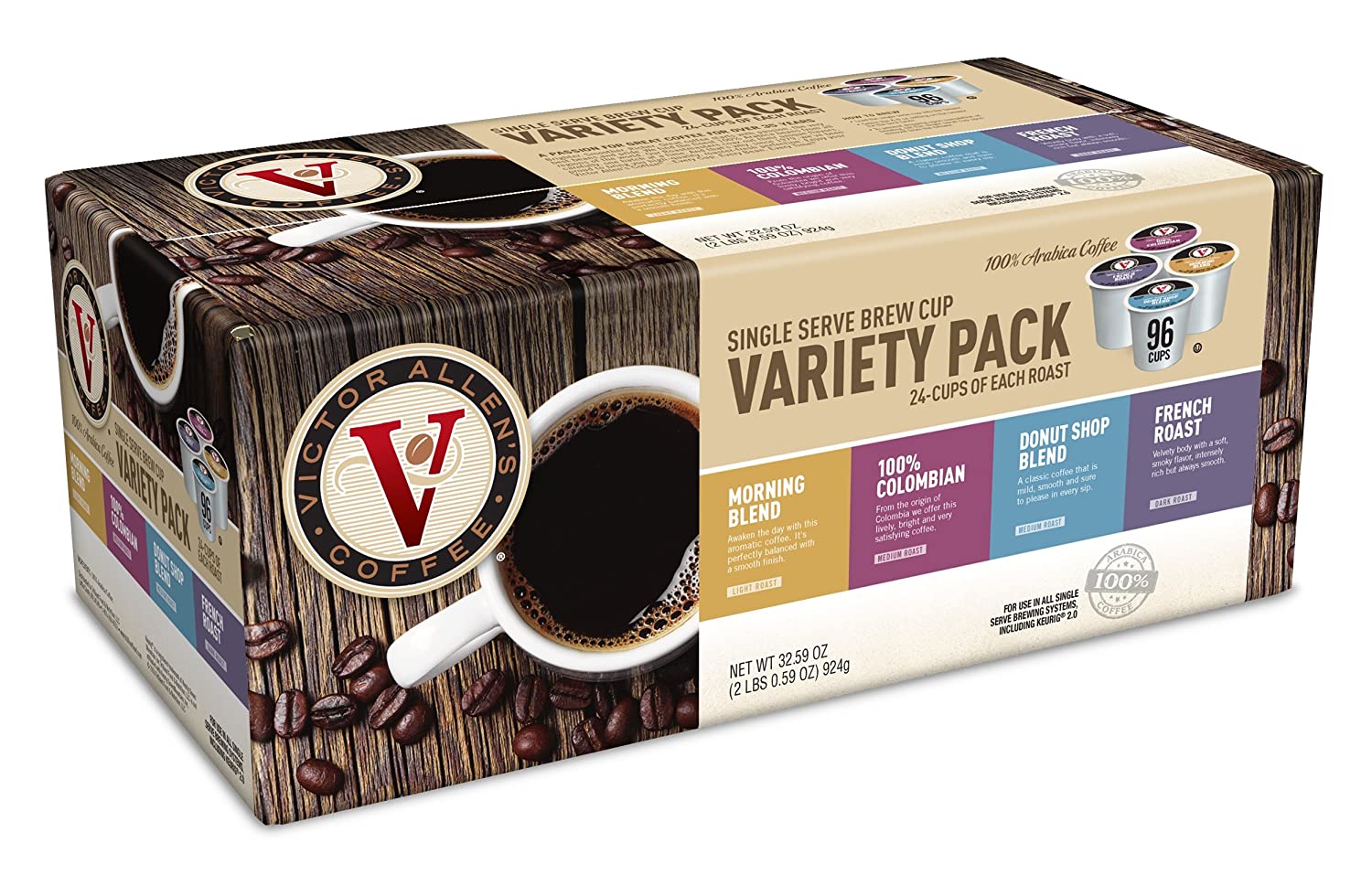 Victor Allen FG014319 Donut Shop. Morning Blend. 100% Colombian. and French Roast Variety Pack for K-Cup. Keurig 2.0 Brewers. 96 Count Victor Allen's Coffee Single Serve Coffee Pods