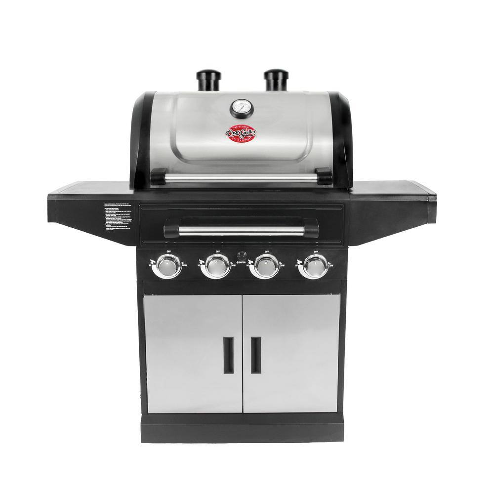 Char-Griller 7400 Flavor Pro 4-Burner Propane. Wood Gas Grill with Multi-Fuel Flavor Drawer in Silver