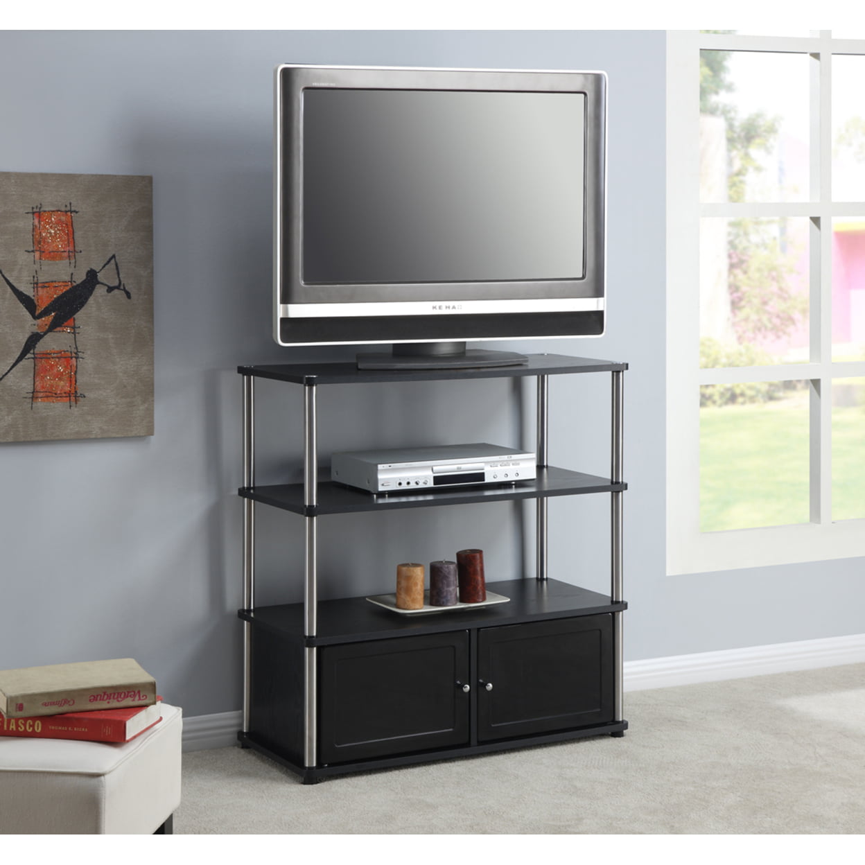 Convenience Concepts Designs2Go Highboy TV Stand with Storage Cabinets and Shelves for TVs up to 40 Inches. Black