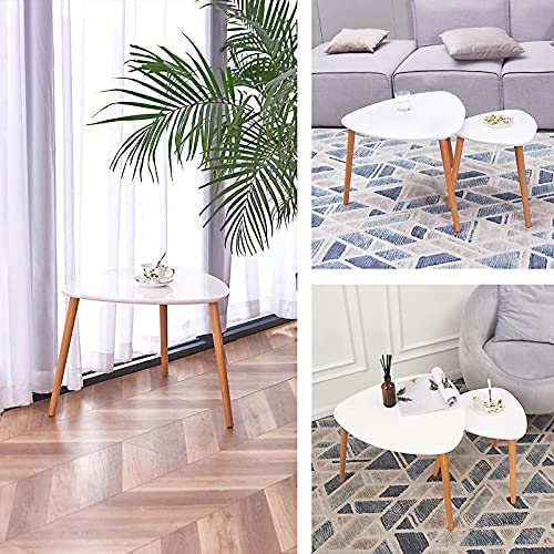 Qwork Nesting Coffee Tables Set of 2 .Modern Furniture Decor Side End Table for Living Room. Office. Balcony. Easy Assembly. Triangle. White/Rubber Wood Legs