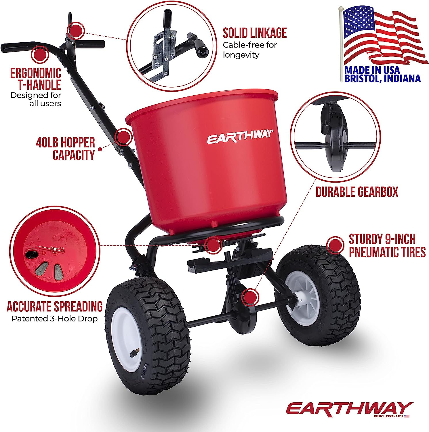 EarthWay 2600A-Plus 40 LB (18 KG) Walk-Behind Broadcast Fertilizer Spreader. Garden Seeder. Salt Spreader w/9-Inch Pneumatic Wheels. Made in America