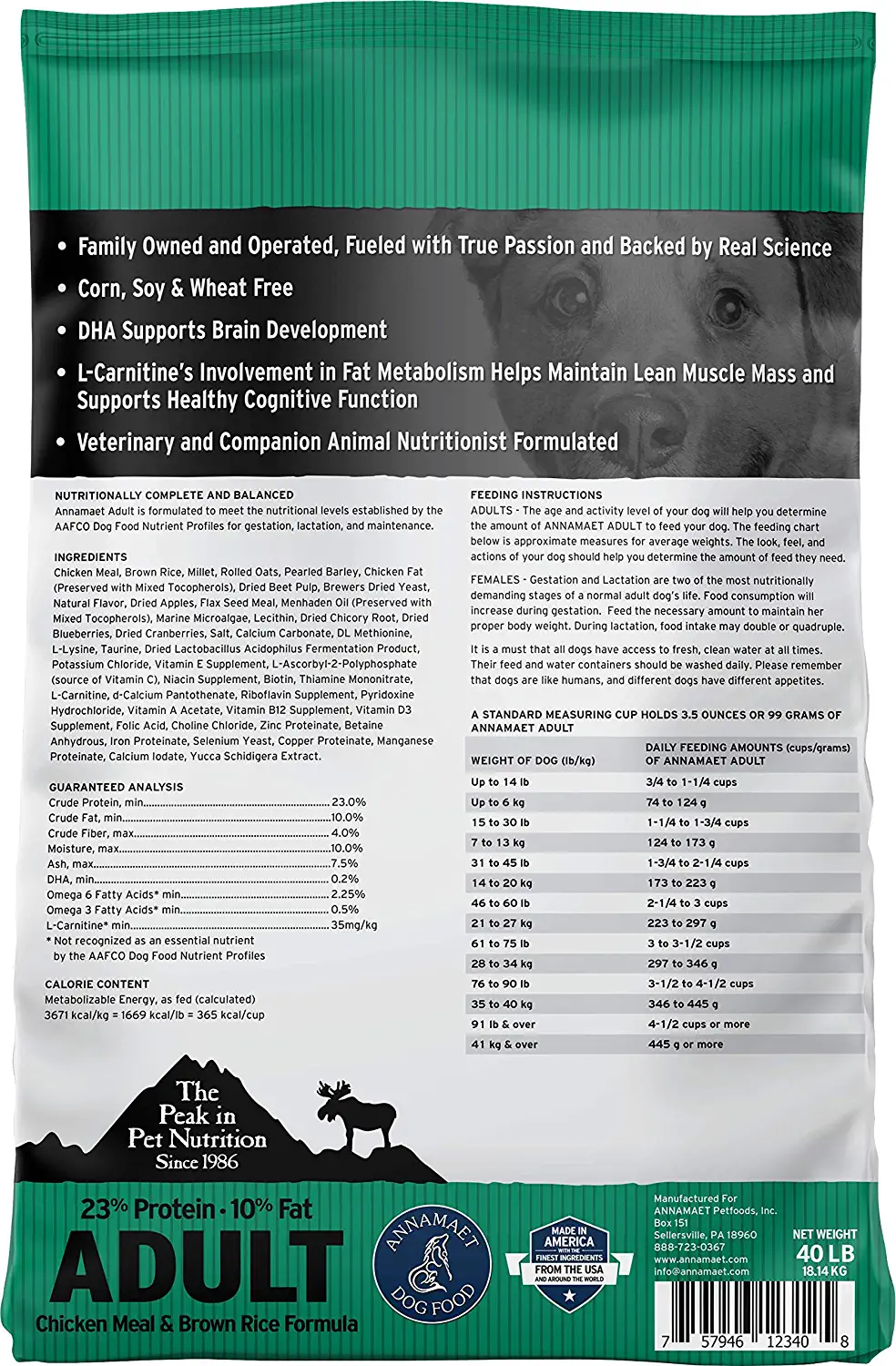 Annamaet Original Adult Formula Dry Dog Food 23% Protein (Chicken & Brown Rice). 40-lb bag