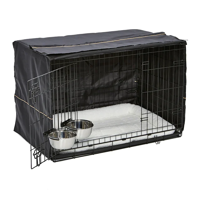 Midwest iCrate Double Door Starter Kit for Dogs. Dog Crate Cover. 2 Dog Bowls & Pet Bed 36″ L X 23.25″ W X 24.75″ H
