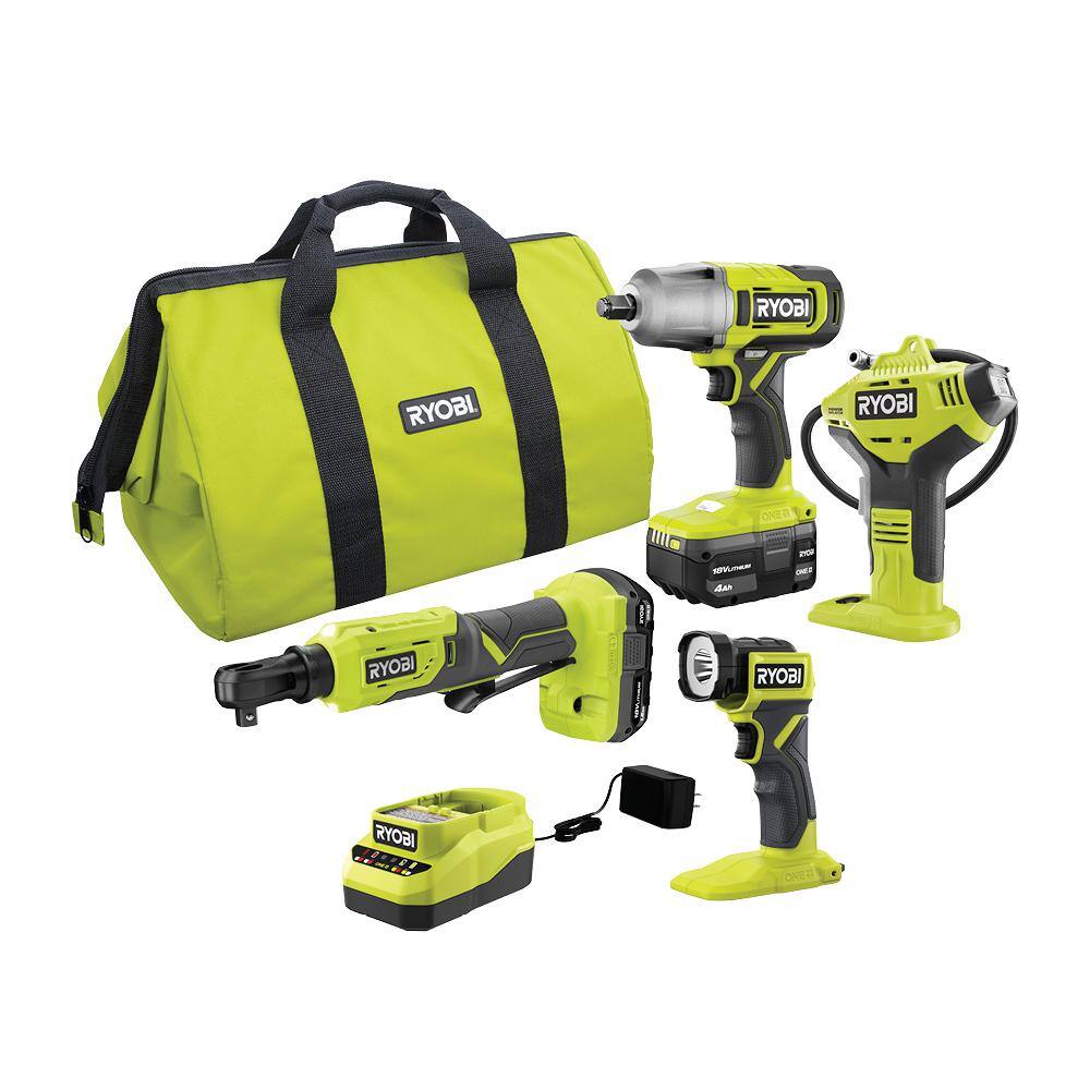 RYOBI PCL1402K2N ONE+ 18V Cordless 4-Tool Combo Kit with 4.0 Ah Battery. 1.5 Ah Battery. Charger. and Bag
