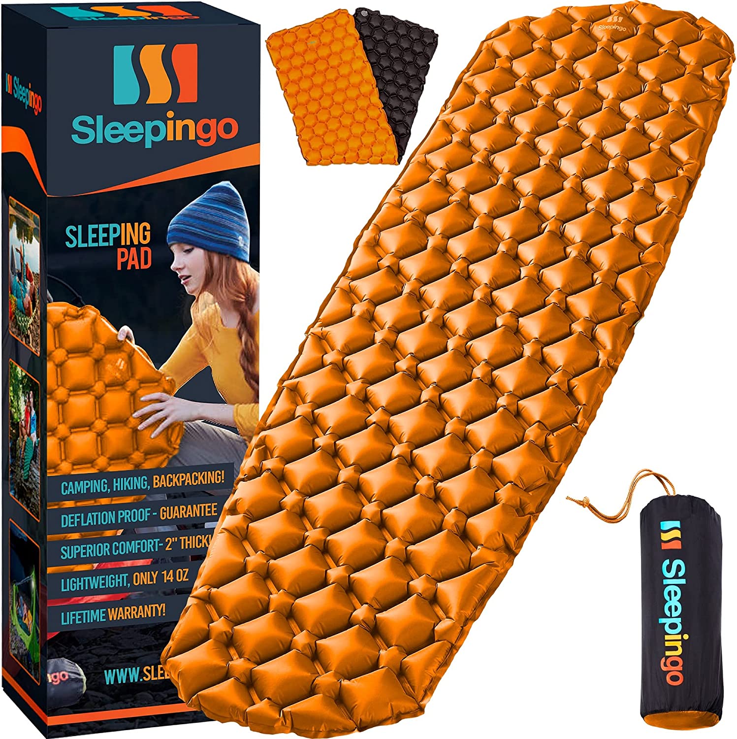 Sleepingo Sleeping Pad for Camping - Ultralight Sleeping Mat for Camping. Backpacking. Hiking - Lightweight. Inflatable & Compact Camping Air Mattress (Orange with Black Back)