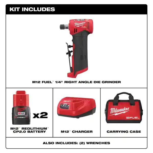 Milwaukee 2485-22 M12 FUEL 12-Volt Lithium-Ion Brushless Cordless 1/4 in. Right Angle Die Grinder Kit w/ (2) 2.0Ah Batteries