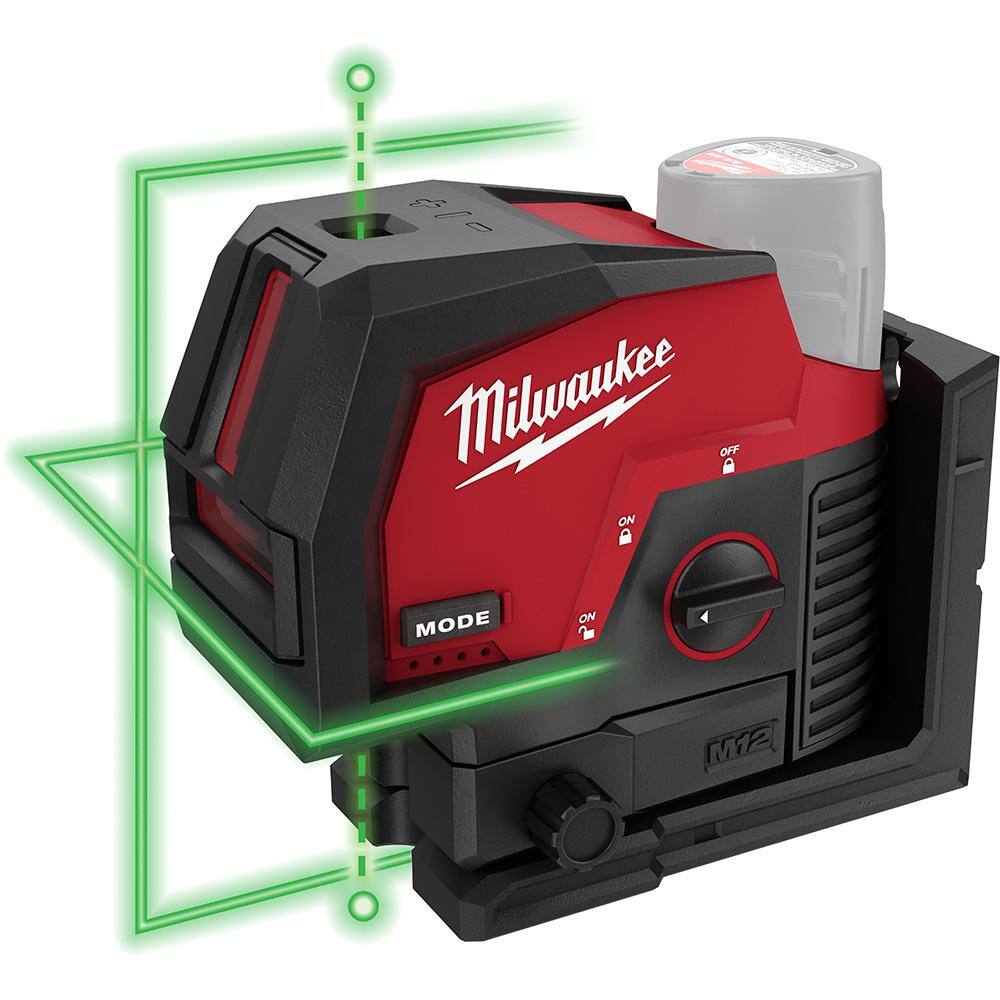 Milwaukee 3622-20 M12 12-Volt Lithium-Ion Cordless Green 125 ft. Cross Line and Plumb Points Laser Level (Tool-Only)