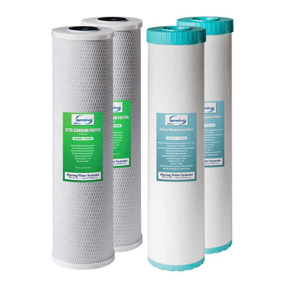 ISPRING F4WGB22BM Whole House Water Filter Set Replacement Pack with Carbon Block and Iron & Manganese Reducing Cartridges. Fits WGB22BM
