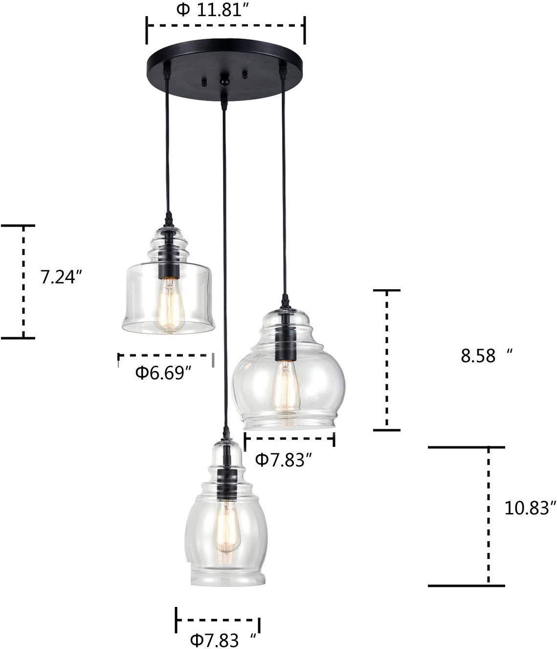 Claxy  Glass Light 3-Light Black Industrial Clear Glass Jar Pendant Light